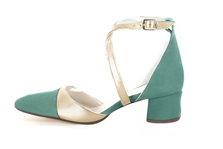 Mint green and gold women's open side shoes, with crossed straps. Tapered toe. Low flare heels. Profile view - Florence KOOIJMAN